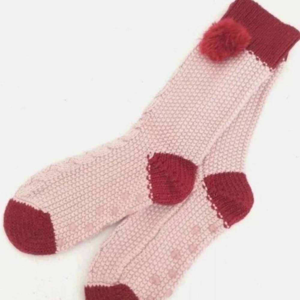 Victoria's Secret knitted Socks Slippers Anti Skid Pink & Red w/ Pom Poms M/L